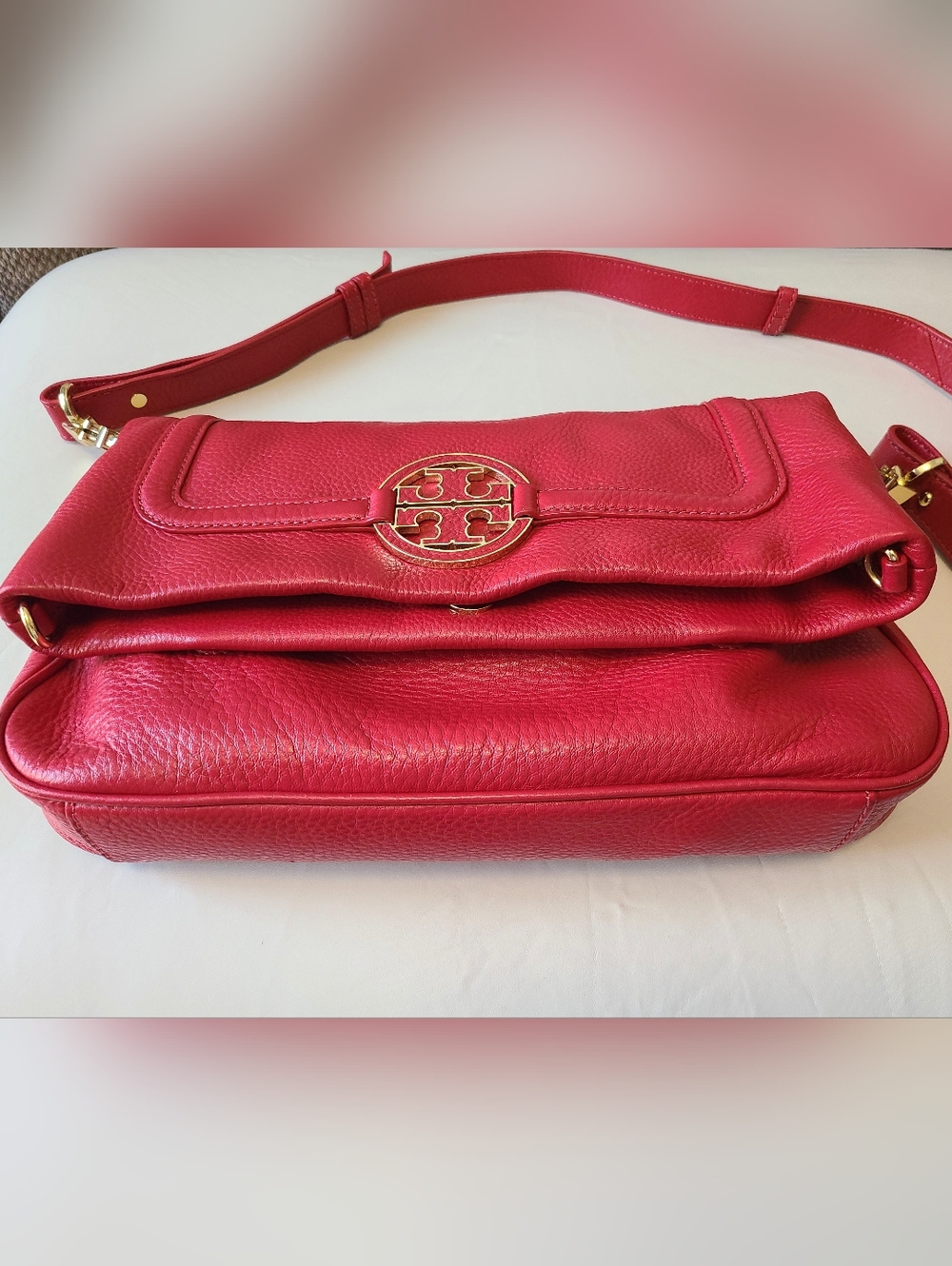 Tory Burch Amanda Red Pebbled Leather Fold over Crossbody Bag